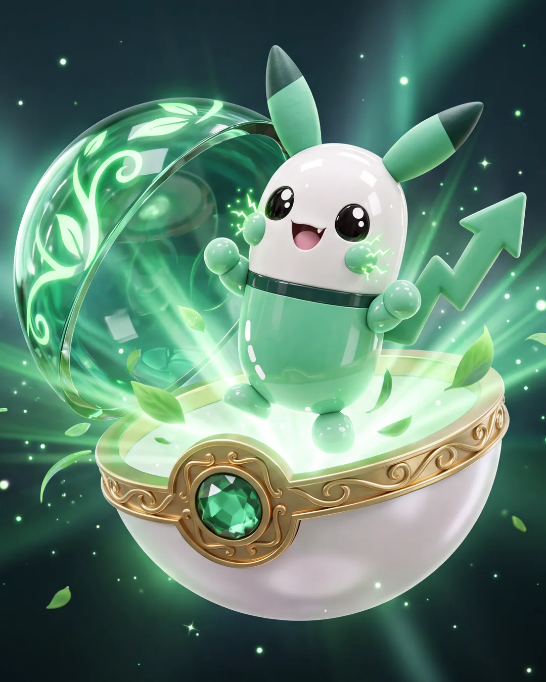 PUMPACHU bursting out of the opened green ball